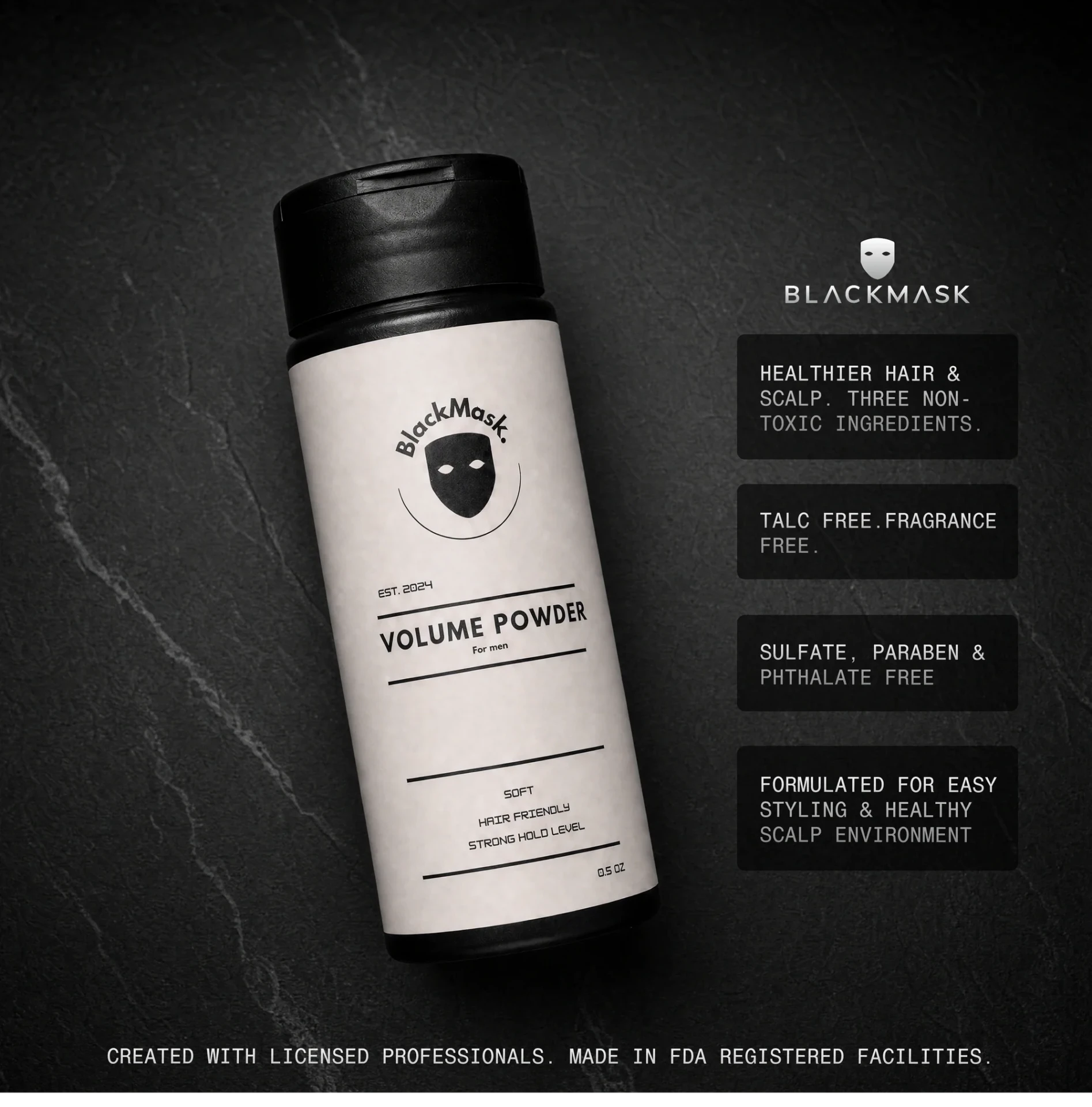 BLACKMASK Volume Powder bottle with product benefits