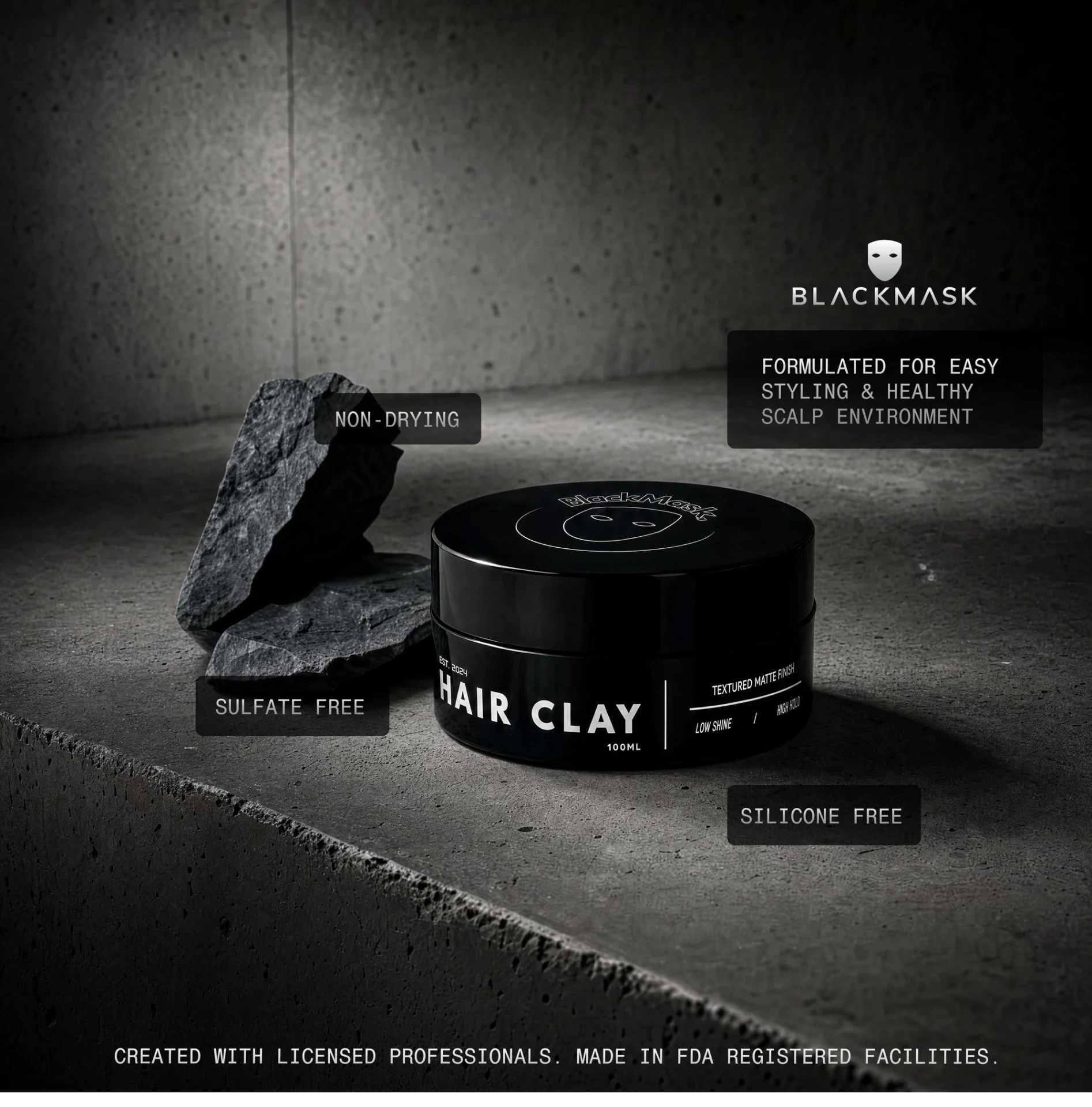 BLACKMASK Hair Clay jar with product benefits