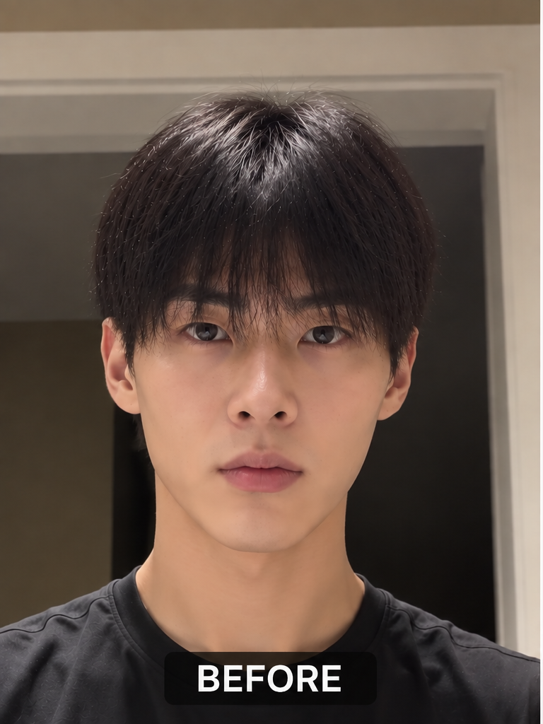 Man with thick straight hair lying flat against his head