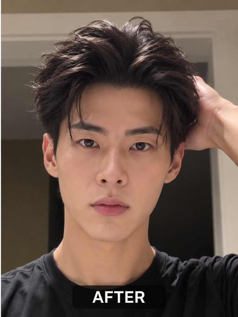 Same man with hair styled into a voluminous textured fringe