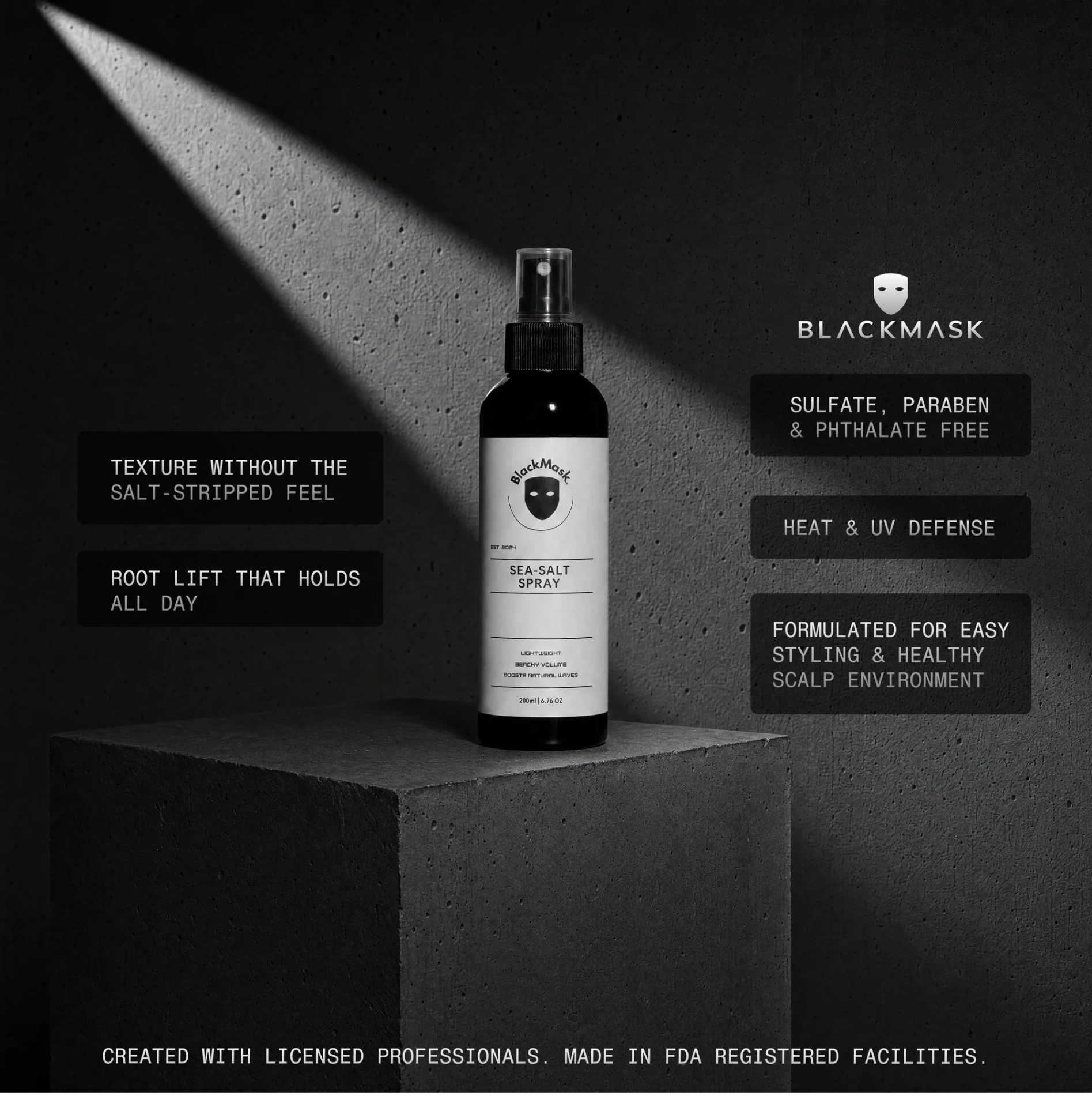 BLACKMASK Sea-Salt Spray bottle with product benefits