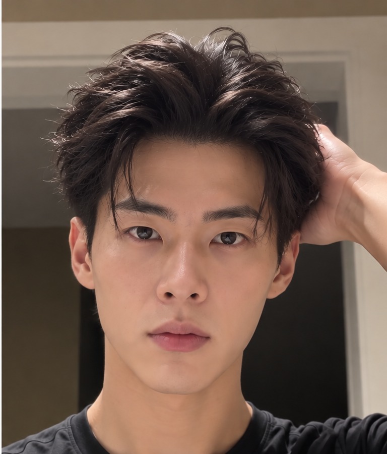 Same man with dramatically lifted roots, natural texture and voluminous swept-back style