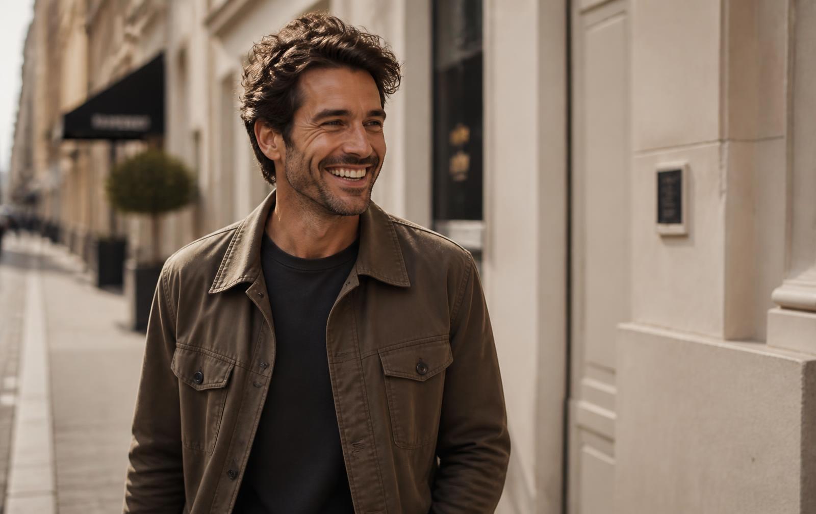 A confident man with effortlessly styled hair walking outdoors in afternoon light