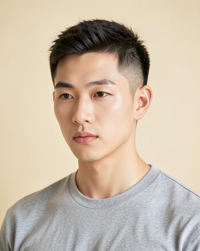 Textured crop hairstyle on an East Asian man