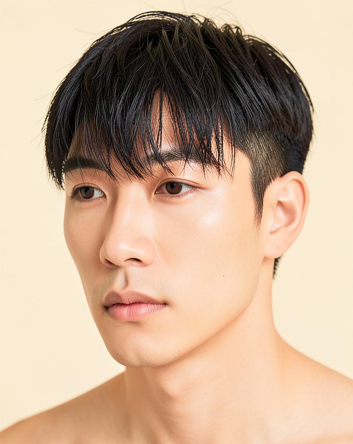 Textured fringe hairstyle on an East Asian man